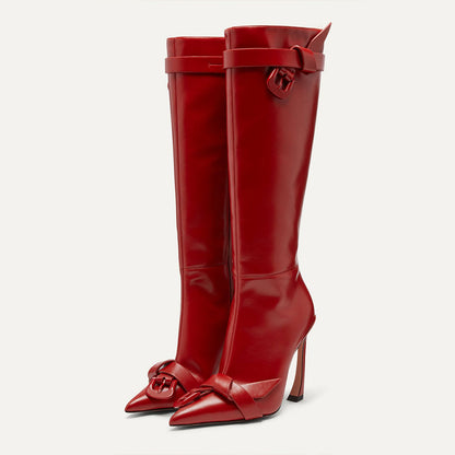 Striking Red Pointy Toe 4 Inch Heel Knee High Boots with Buckle Knots