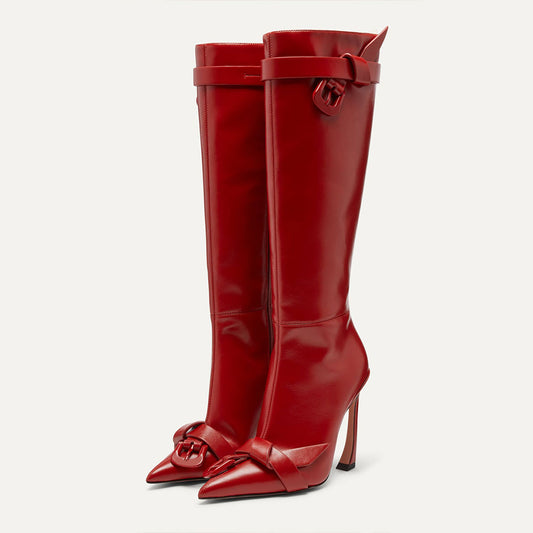 Striking Red Pointy Toe 4 Inch Heel Knee High Boots with Buckle Knots