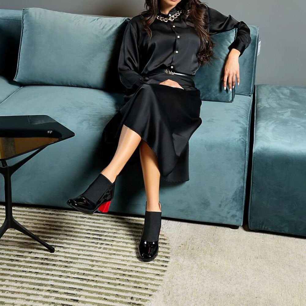 Women's Black Patent Leather Low Top Ankle Boots with Block Heels