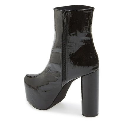 Black Glossy Cylindrical Heel Side Zipper Platform Ankle Boots