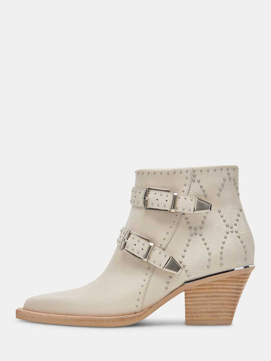 Ivory Vegan Leather Snip Toe Side-Zip Cowgirl Ankle Boots With Chunky Heels