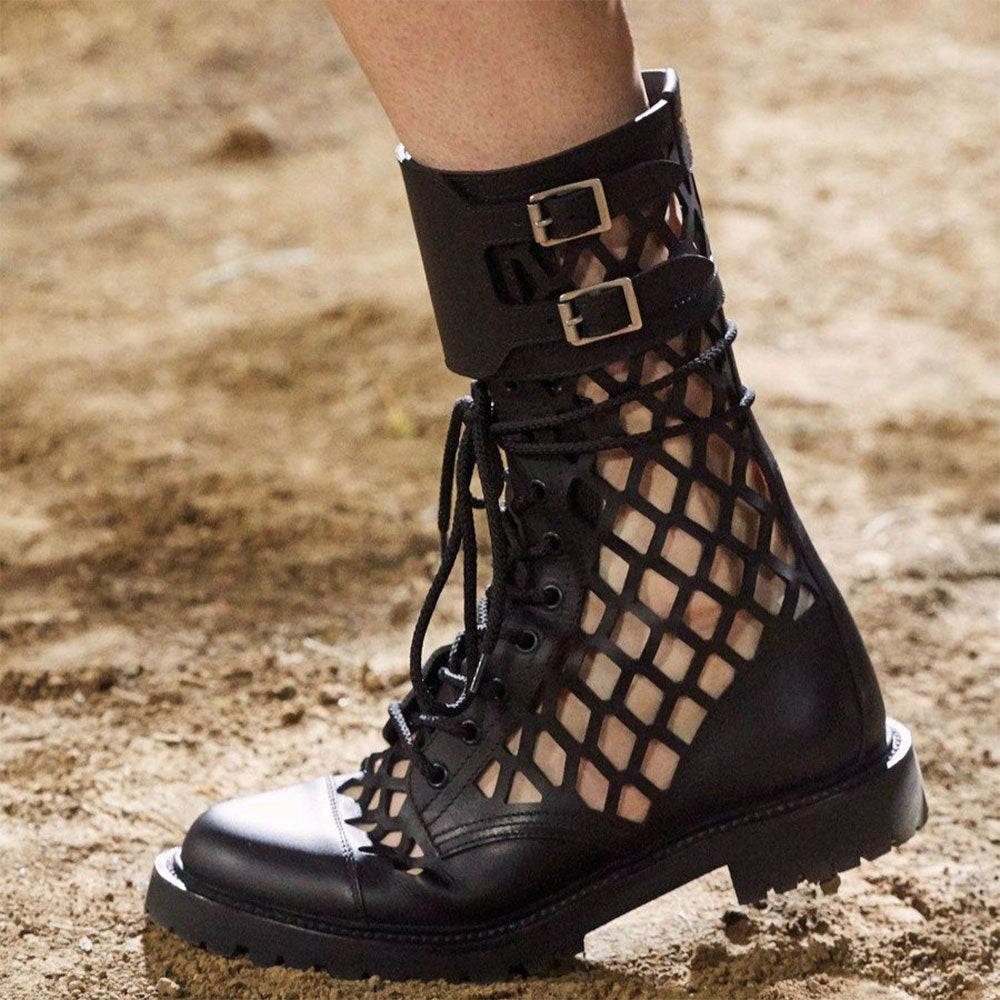 Black Buckle Lace-Up Hollow Out Round Toe Mid Calf Boots