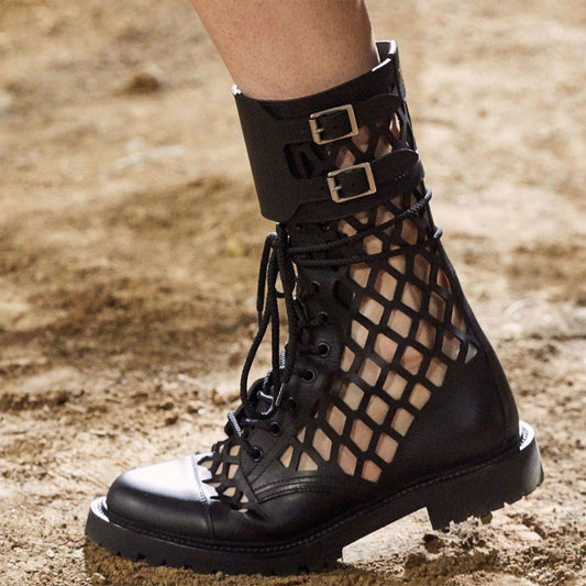Black Buckle Lace-Up Hollow Out Round Toe Mid Calf Boots