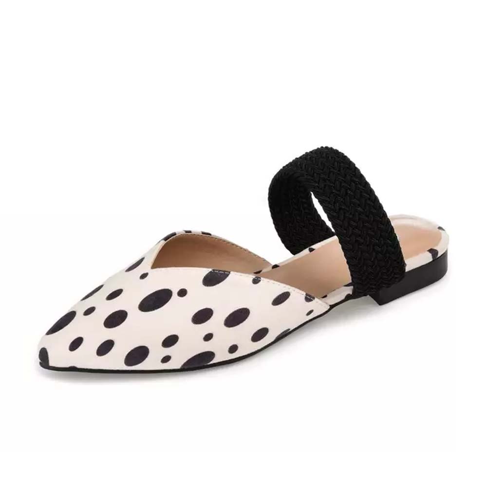 White Pointed Toe Polka Dots Slingback Mules With Strap Flats