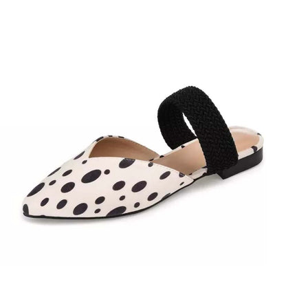 White Pointed Toe Polka Dots Slingback Mules With Strap Flats