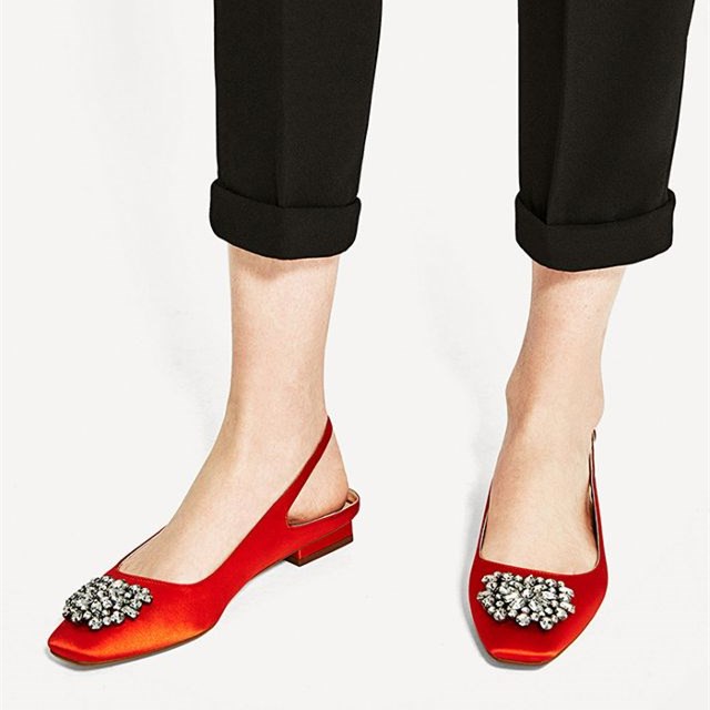 Stylish Orange Satin Square-Toe Rhinestone Decor Slingback Flats