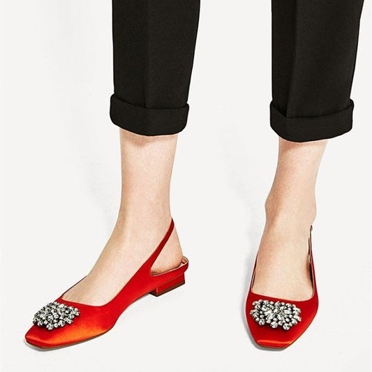 Stylish Orange Satin Square-Toe Rhinestone Decor Slingback Flats