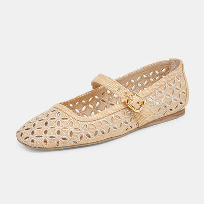 Beige Raffia Woven Square Toe Cut-Out Buckle Strap Ballet Flats