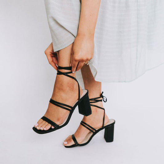Black Square Toe  Classy Chunky Heels Wrapped Sandals Office Shoes