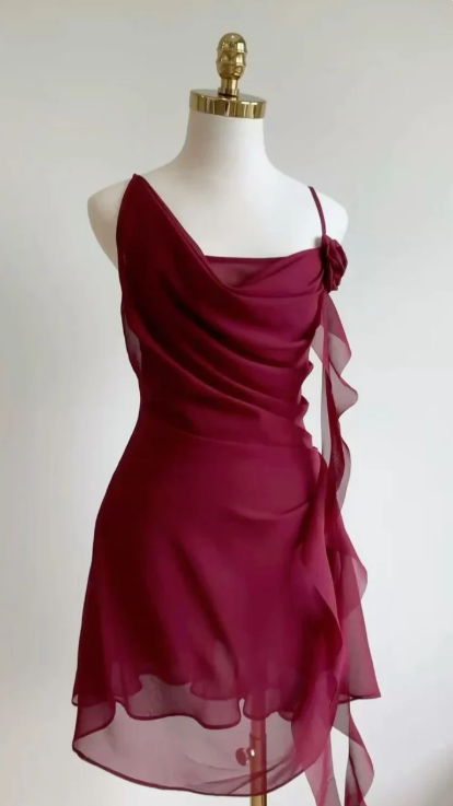 Vintage Burgundy Sheath Chiffon Homecoming Dress Party Dress Short Cocktail Dress TP4806