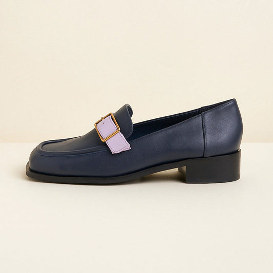 Fashion Navy Square Toe Low Heel Buckled Chunky Loafers for Ladies