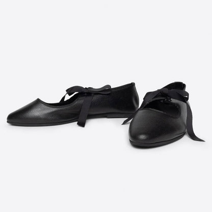 Black Vegan Leather Closed-Toe Lace-Up Comfy Ballet Flats