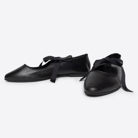 Black Vegan Leather Closed-Toe Lace-Up Comfy Ballet Flats