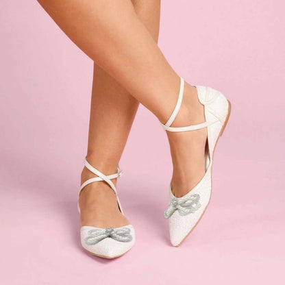 Elegant White Glitter Pointed Toe Ankle Strap Flats with Bow Decor
