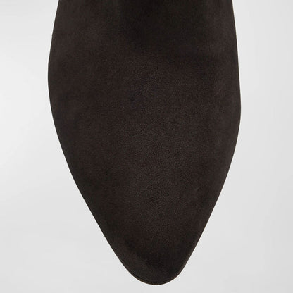 Black Mesh & Vegan Suede Pointy Toe Back-Zip Heeled Ankle Boots