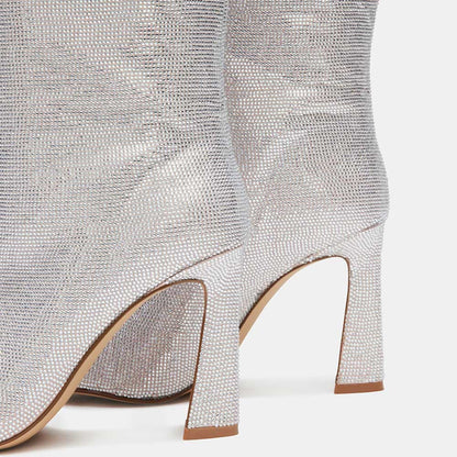 Silver Pointed Toe Flared Heel Rhinestone Wide-Calf Knee High Boots