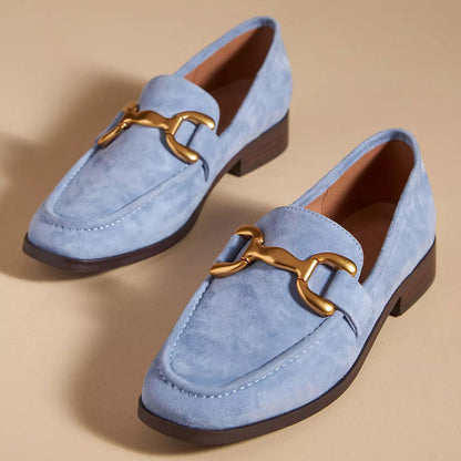 Blue Faux Suede Round Toe Flat Formal Loafers with Chain