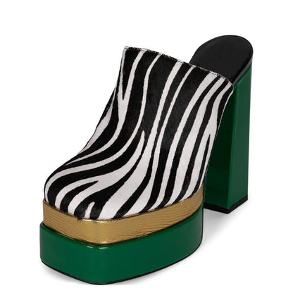 Women's Classic Zebra Print Square Toe Chunky Heel Platform Mules