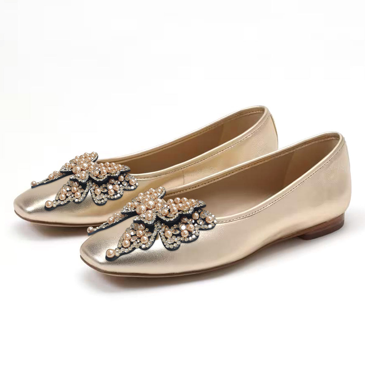 Gold Patent Leather Flats With Pearl Butterfly Decor Flats
