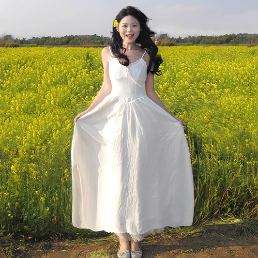 Simple Fashion White Lace Design A-line Beach Holiday Spaghetti Strap Dress TP3385