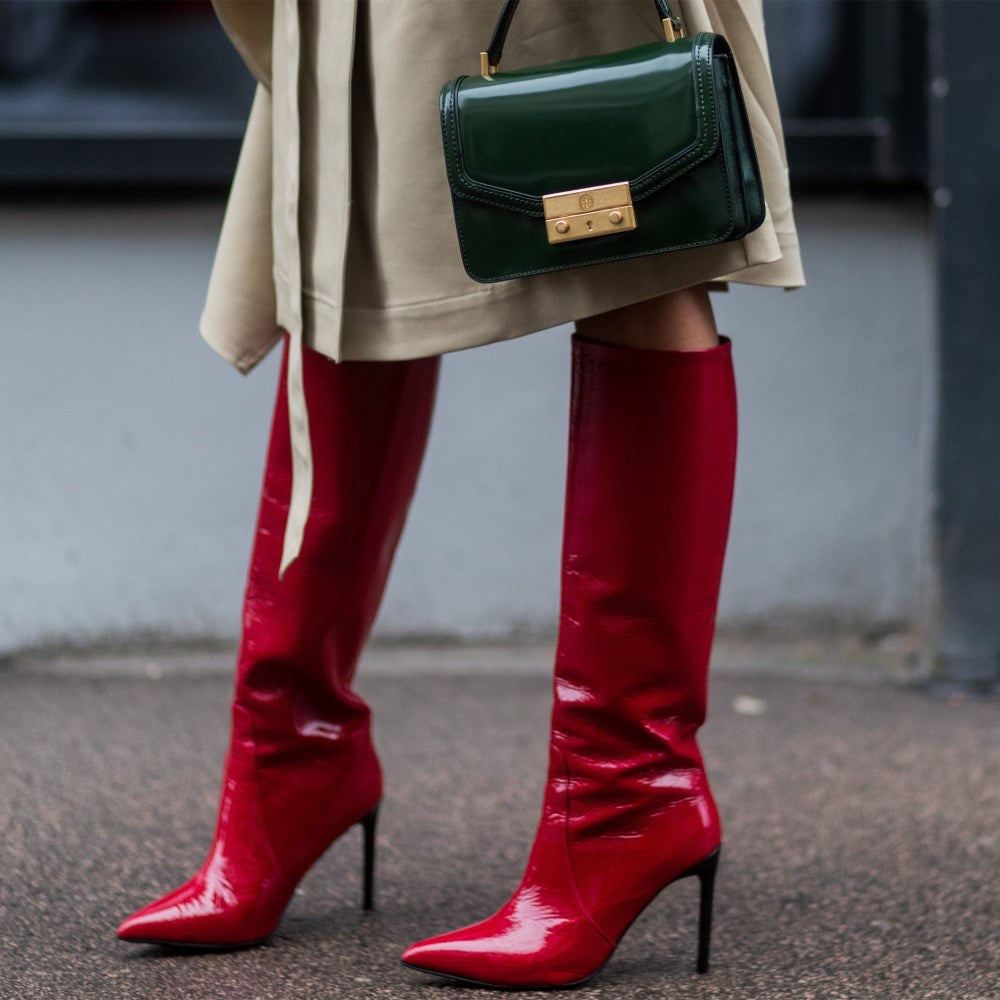 Red Pointed Toe Patent Leather Fashion Stilettos Knee High Boots