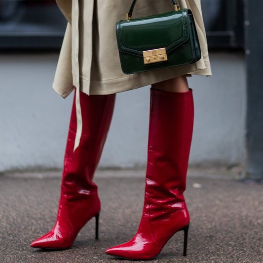 Red Pointed Toe Patent Leather Fashion Stilettos Knee High Boots