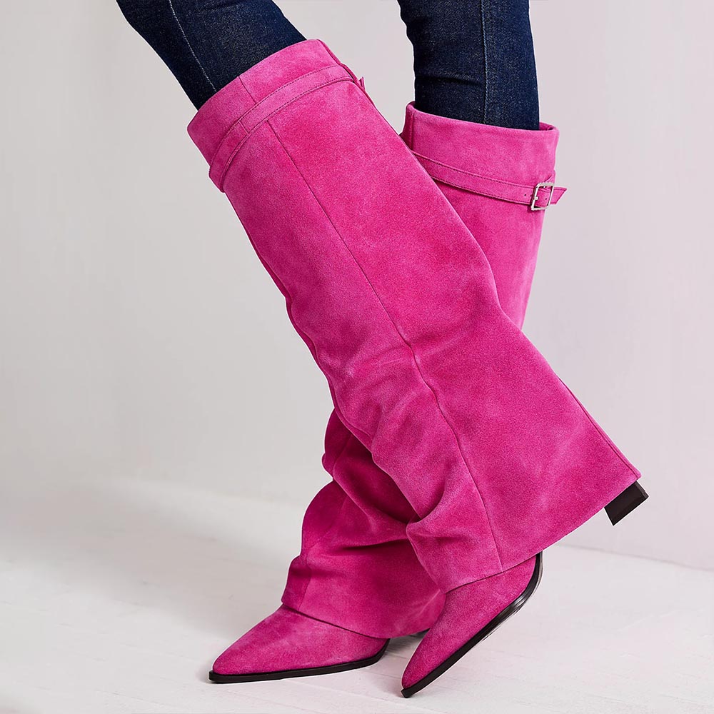 Pink Faux Suede Pointed Toe 4'' Chunky Heel Fold Over Knee High Boots