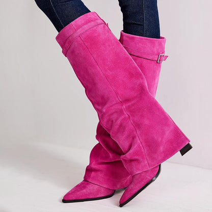 Pink Faux Suede Pointed Toe 4'' Chunky Heel Fold Over Knee High Boots