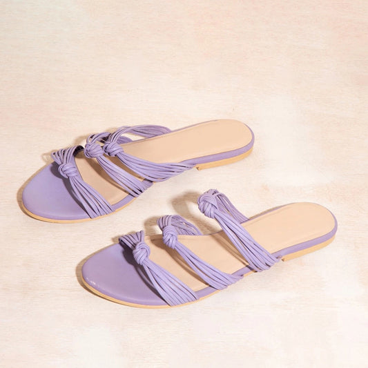 Women's Light Purple Open-Toe Knotted Strappy Flat Mules