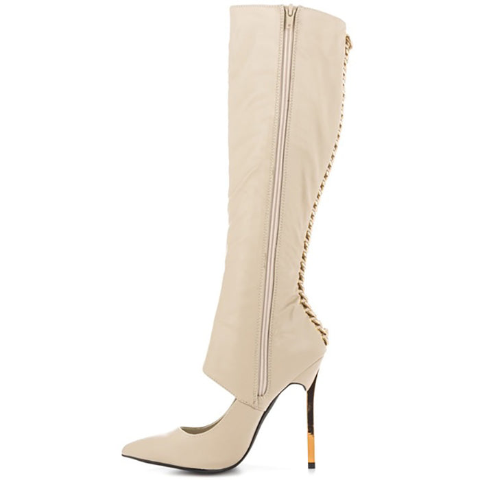 Women's Fashion Cut Out Pointed Toe Chains Knee High Boots in Beige
