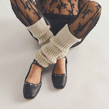 Black Square Toe Buckle Studded Mary Jane Flats for Women