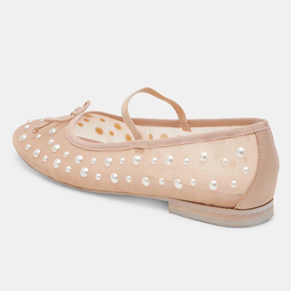 Nude Round Toe Bow Decor Mesh Flats with Pearl Embellished