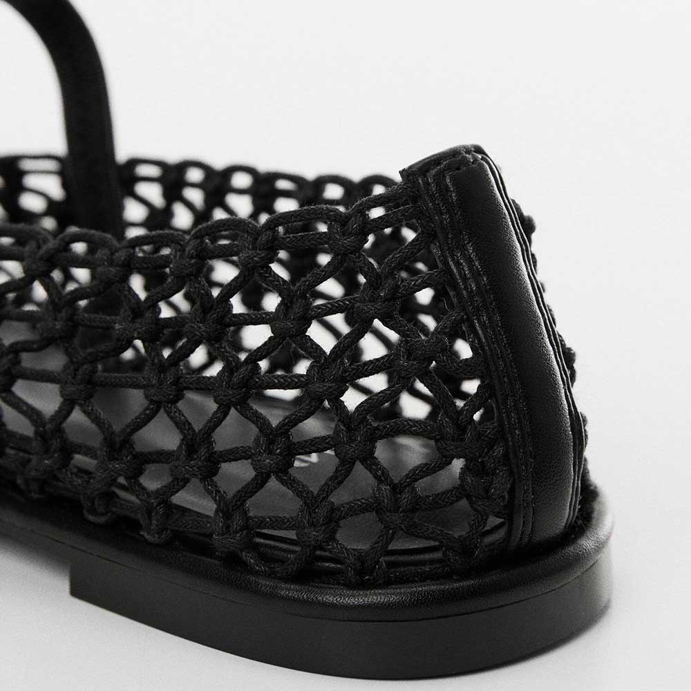 Black Textile Woven Round Toe Vegan Leather Strap Ballet Flats