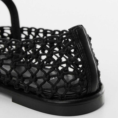 Black Textile Woven Round Toe Vegan Leather Strap Ballet Flats