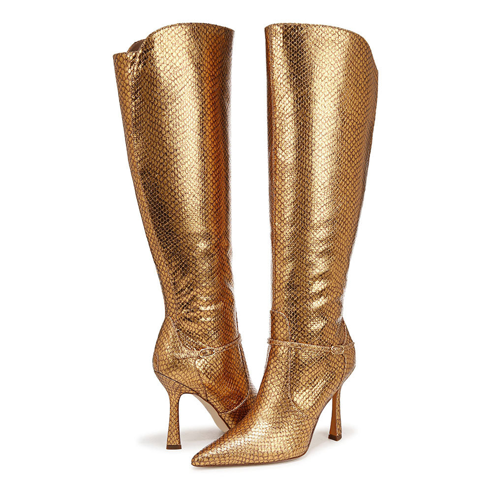 Python Embossed Pointy Toe Buckle Strap Knee High Boots in Gold