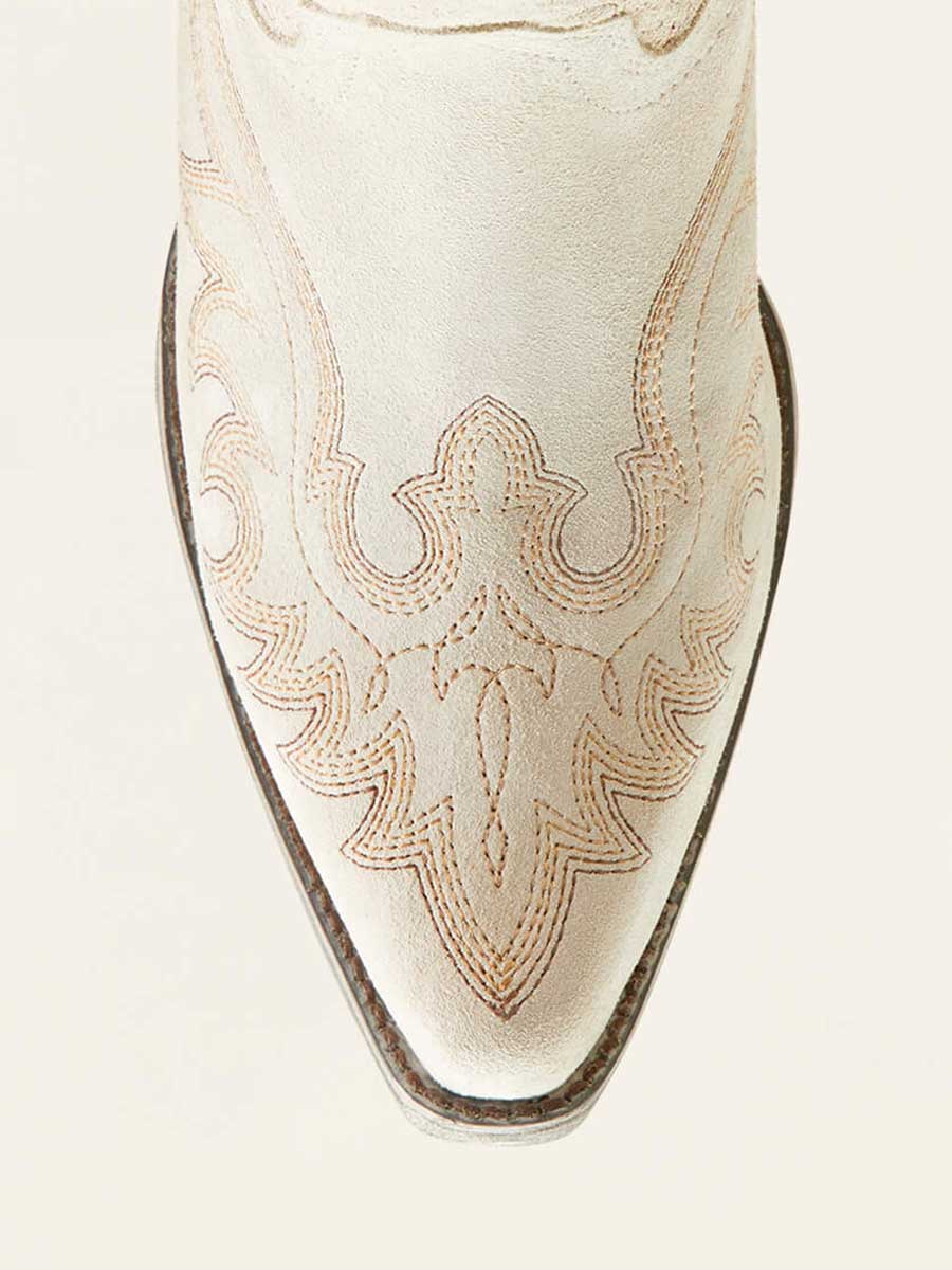 White Faux Suede Snip Toe Embroidered Block Heel Cowgirl Ankle Boots