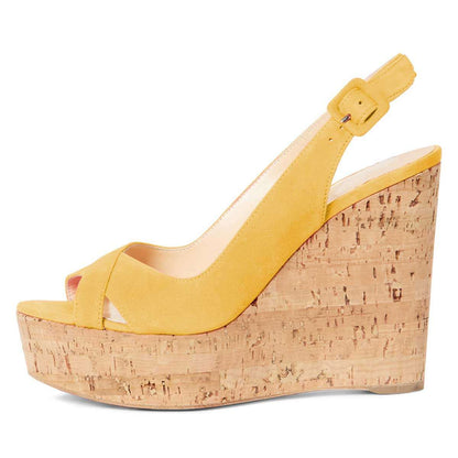 Yellow Vegan Suede Platform Wedge Heels Slingback Sandals
