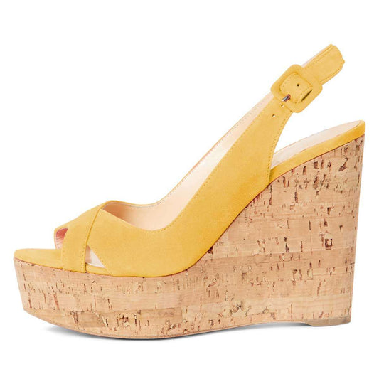 Yellow Vegan Suede Platform Wedge Heels Slingback Sandals
