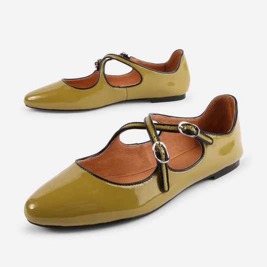 Olive Patent Leather Round Toe Crisscross Buckle Strap Flats