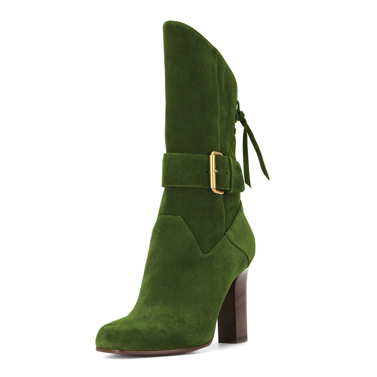 Green Vegan Suede Square Toe Back Lace Up Chunky Heel Mid Calf Boots