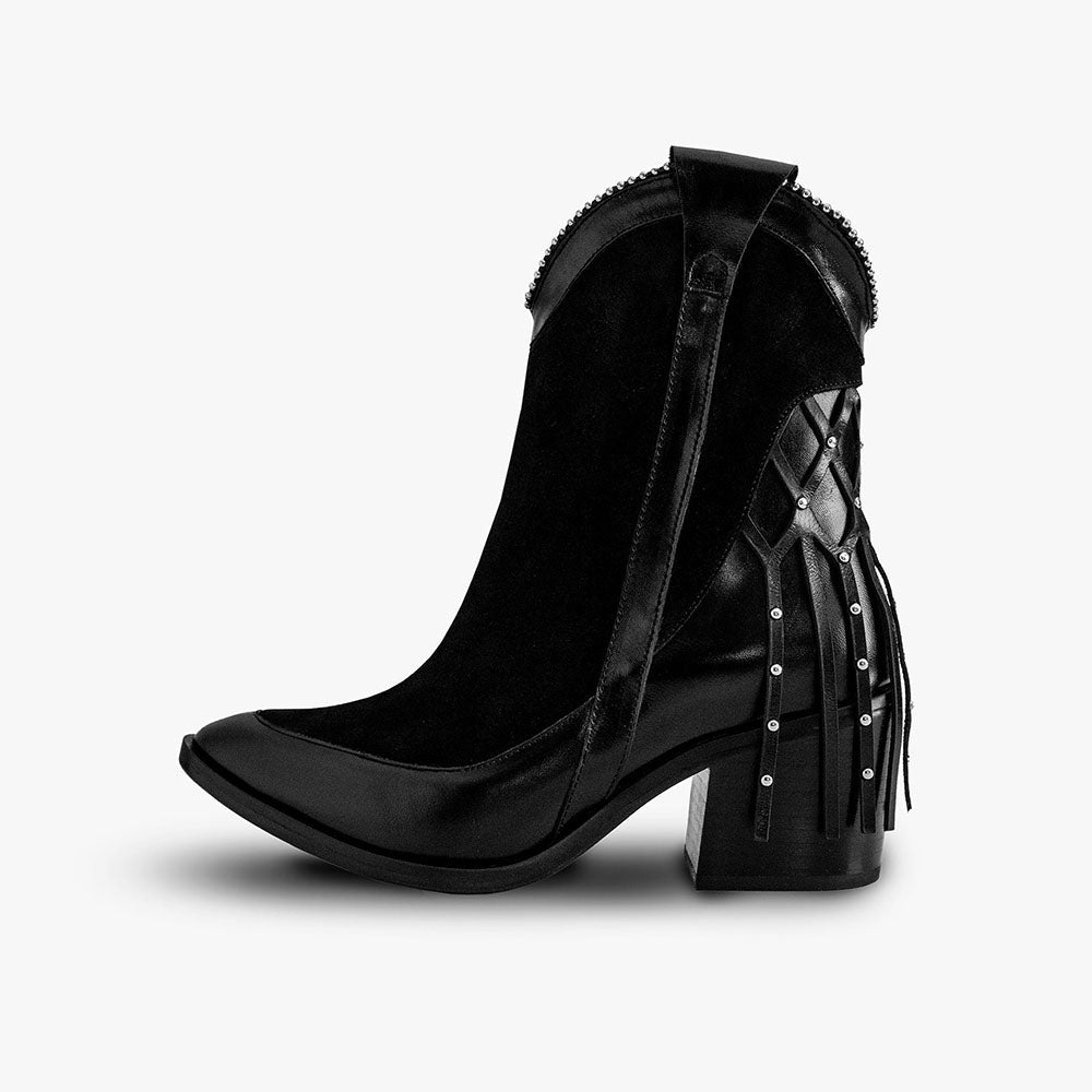 Black Pointed Toe Chunky Heel Side-Zipped Western Ankle Boots