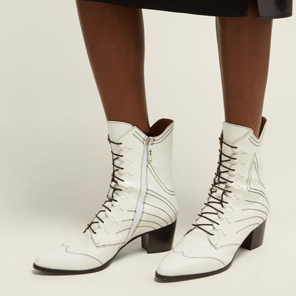 Women's White Chunky Heel Stitching Detail Lace Up Ankle Boots