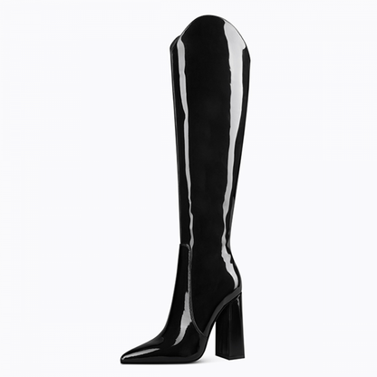 Black Patent Leather Pointed Toe Chunky Heel Fashion Knee High Boots