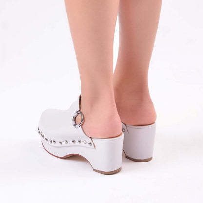 White Round Toe Clogs Chunky Heel Platform Mules with Studs