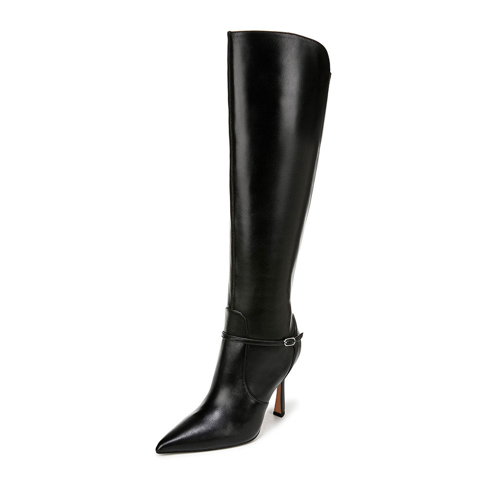 Black Pointy Toe Buckle Strap Detail Knee High Boots with Side Zipper