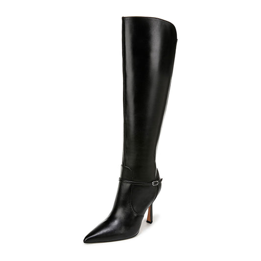 Black Pointy Toe Buckle Strap Detail Knee High Boots with Side Zipper