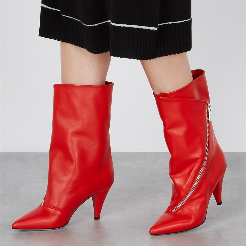Red Pointed Toe Cone Heel Mid Calf Boots for Women
