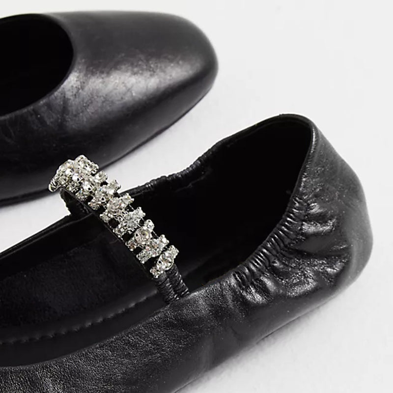 Black Square Toe Elastic Ruched Rhinestone Ballet Flats with A Strap