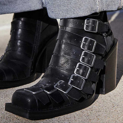 Black Square Toe Block Heel Ankle Boots with Multi-strap