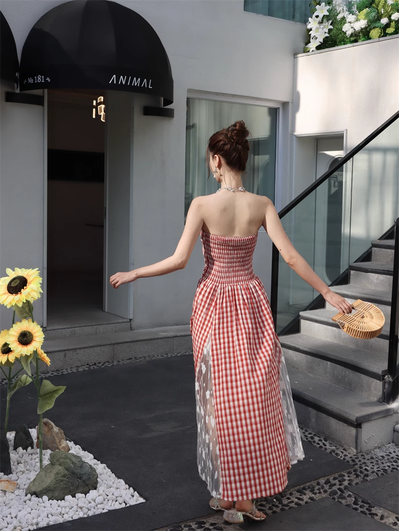 New Fashion Red Plaid Lace Patchwork Design Beach Holiday A-line Sleeveless Strapless Dress TP3378